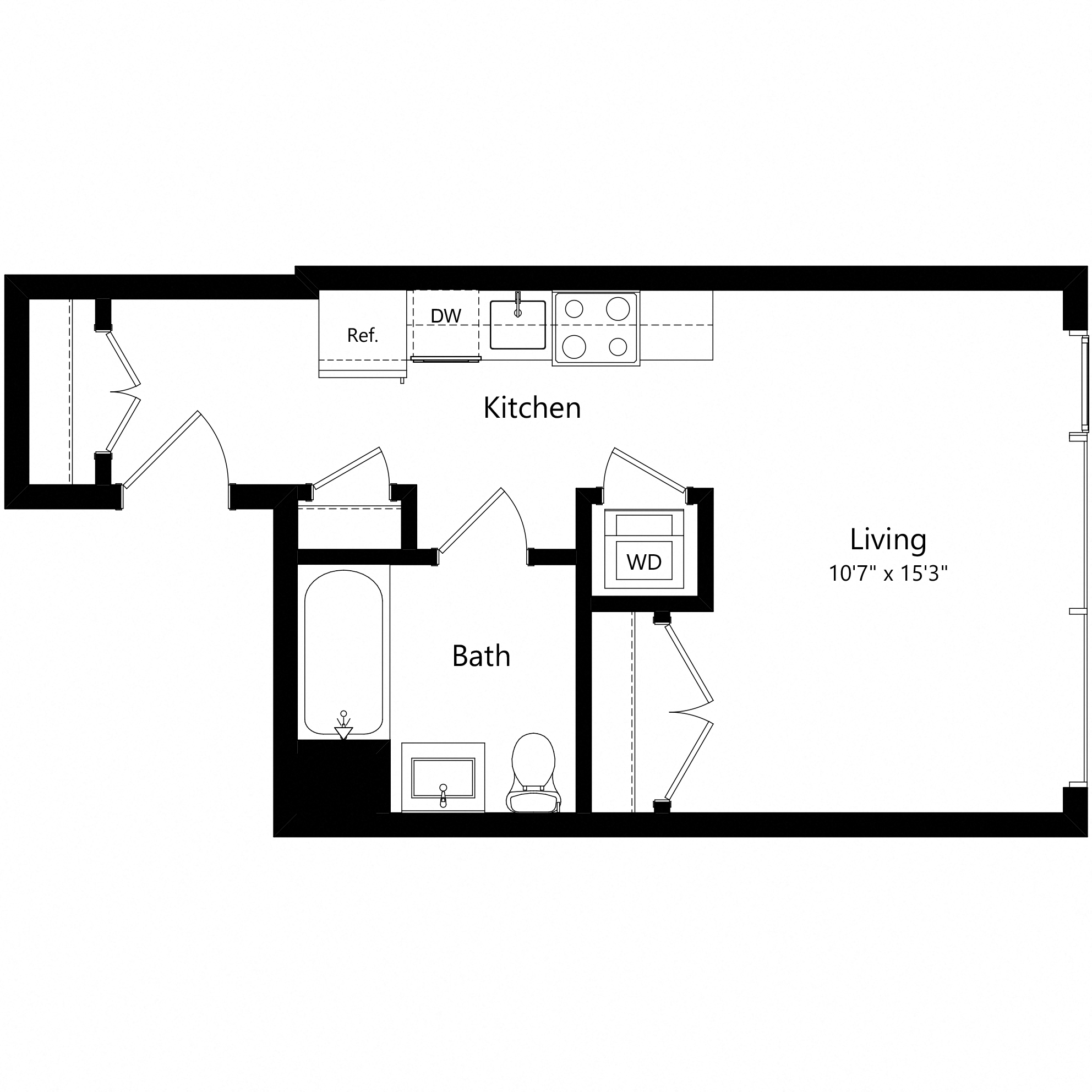 Floor plan for studio, 1 bath, 414 sqft
